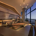 Modern Restaurant Interior With Large Windows Comfortable Seating Wooden Walls And Pendant Lights