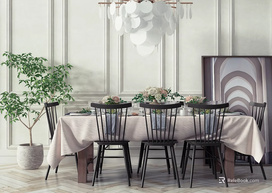 Elegant Dining Table Set With Black Chairs Tablecloth And Flower Centerpieces 3d model 