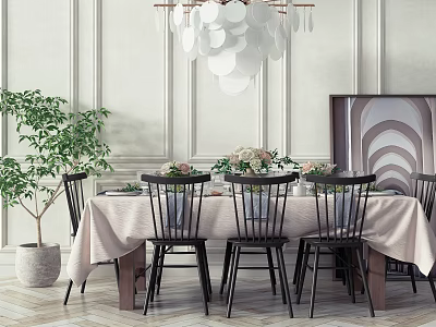 Elegant Dining Table Set With Black Chairs Tablecloth And Flower Centerpieces 3d model