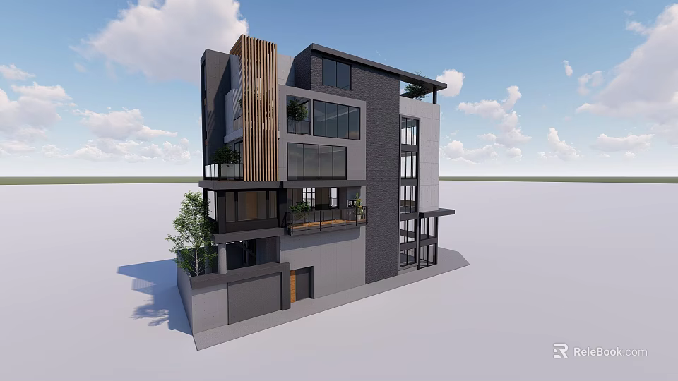 Modern Detached Villa Exterior Design With Large Glass Windows Wooden Accents Balconies And Greenery 3d model 