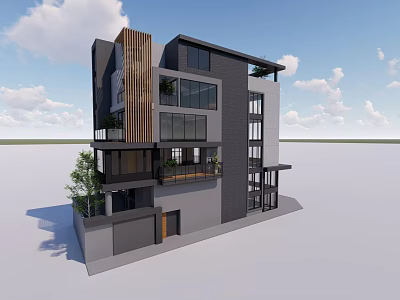 Modern Detached Villa Exterior Design With Large Glass Windows Wooden Accents Balconies And Greenery 3d model