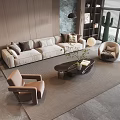 Modern Beige Sofa Coffee Table Set With Cushions Armchair Green Plant And Area Rug