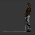 Chained Man in Brown Leather Jacket Black T-Shirt Jeans with Knee Pads Boots Gray Background