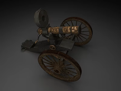 Vintage Cannon Historical Weapon With Wooden Wheels And Metal Barrel Carriage Structure 3d model
