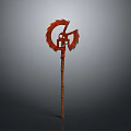 3D Model Red Ornate Axe With Feather Decor And Wooden Handle 3d model