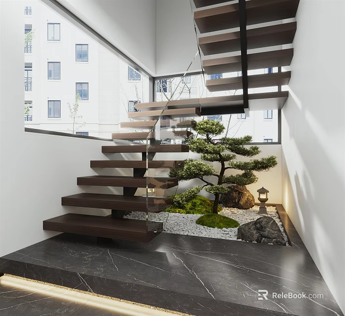 Modern Indoor Wooden Staircase with Glass Railing and Small Pine Tree with Stones and Moss 3d model 