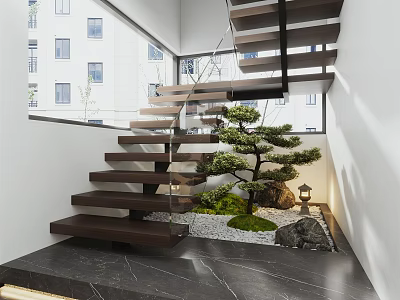 Modern Indoor Wooden Staircase with Glass Railing and Small Pine Tree with Stones and Moss 3d model