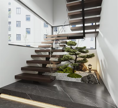 Modern Indoor Wooden Staircase with Glass Railing and Small Pine Tree with Stones and Moss 3d model