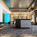 Modern Hotel Lobby Interior With Marble Flooring Pendant Lights Reception Desk And Sofa