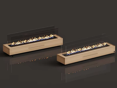 Modern Linear Fireplaces With Wooden Base Glass Panel And Burning Flames 3d model