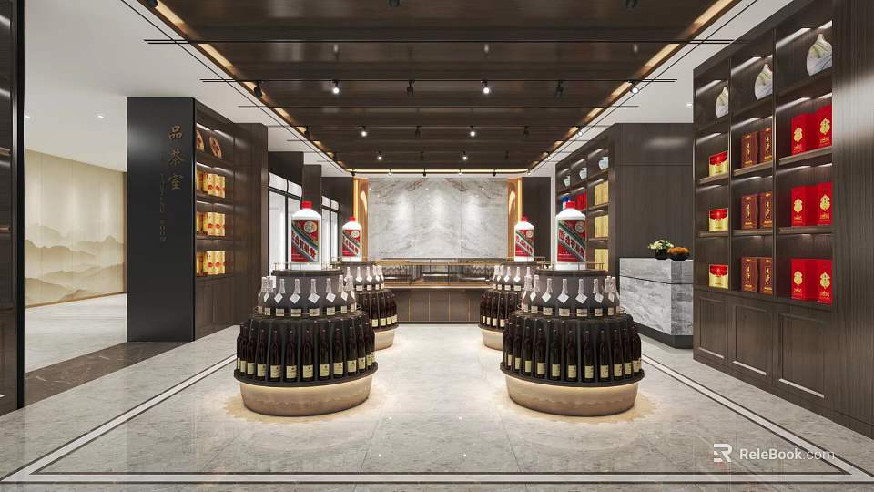 Modern Liquor and Tobacco Store Interior Featuring Displayed Wine Bottles Shelves Cabinets and Lighting 3d model 