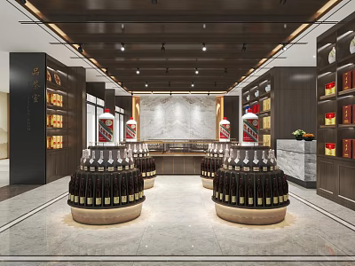 Modern Liquor and Tobacco Store Interior Featuring Displayed Wine Bottles Shelves Cabinets and Lighting 3d model