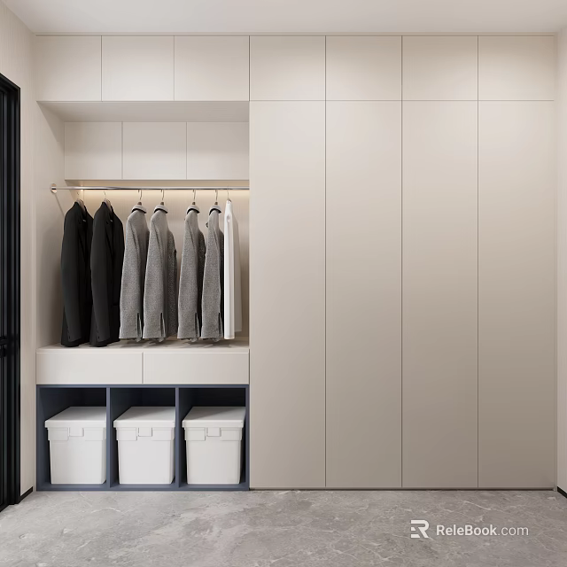 Modern Minimalist Closet With Hanging Clothes And Storage Bins 3d model 