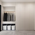 Modern Minimalist Closet With Hanging Clothes And Storage Bins