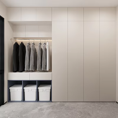 Modern Minimalist Closet With Hanging Clothes And Storage Bins 3d model