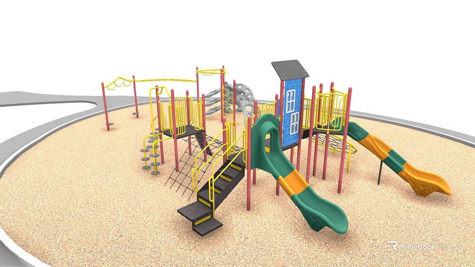 Colorful Outdoor Playground Equipment With Slides Climbing Frames Swings And Steps 3d model 