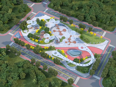 Modern Park Landscape Design With Geometric Circular Platforms Winding Paths Water Feature And Green Trees 3d model