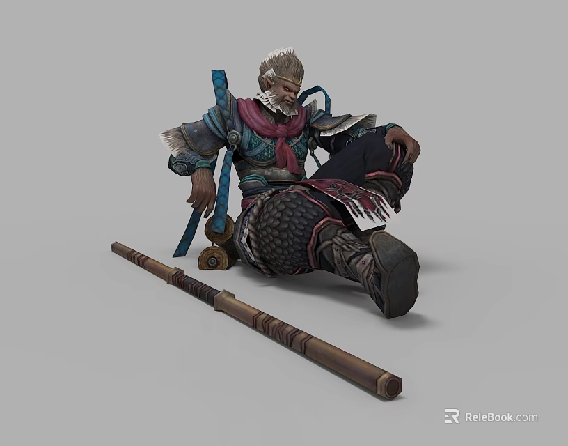 Game Movie Character With Monkey Like Appearance Armored Outfit Red Scarf And Long Staff 3d model 