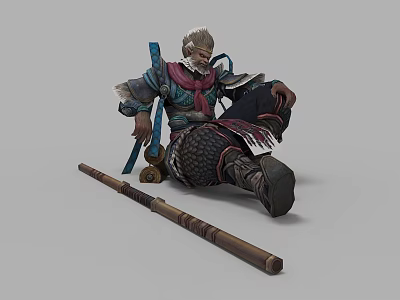 Game Movie Character With Monkey Like Appearance Armored Outfit Red Scarf And Long Staff 3d model