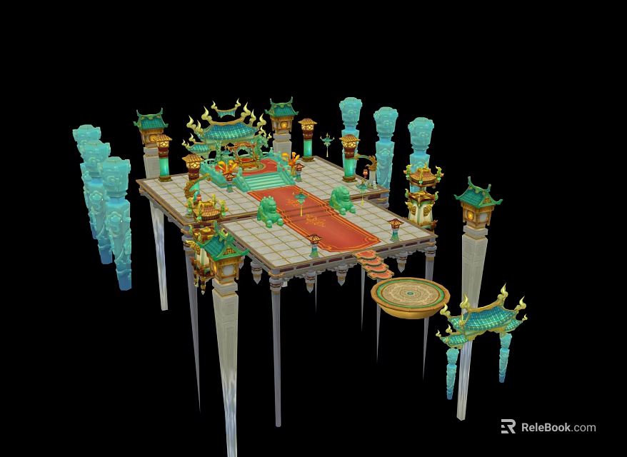 Ancient Chinese Architecture With Green Glazed Roof Golden Decorations Red Carpet And Stone Pillars 3d model 