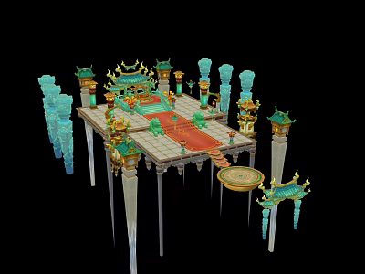 Ancient Chinese Architecture With Green Glazed Roof Golden Decorations Red Carpet And Stone Pillars 3d model
