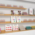 Organized Stationery Display On Wooden Shelves With Colorful Pens Notebooks And Signs
