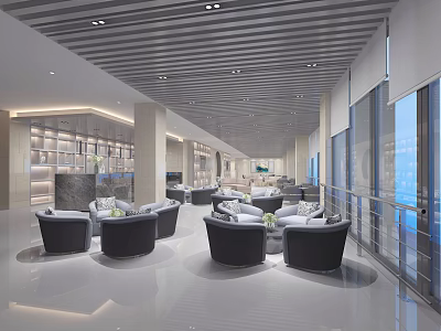 Modern Hotel Public Lounge With Spacious Layout Comfortable Sofas And Floor To Ceiling Windows 3d model