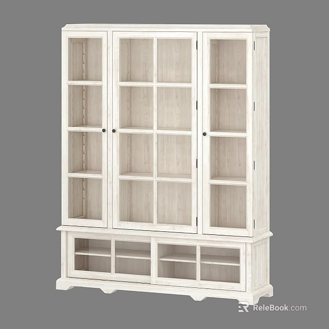White Wooden Bookcase With Glass Doors Multiple Display Shelves And Storage Compartments 3d model 