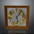 Square Wooden Frame Clock With Gold Dial White Background And Black Numbers