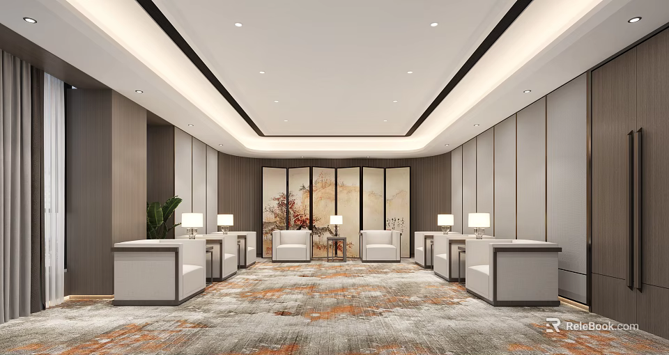 Elegant Hotel Public Lounge Area Featuring Comfortable Sofas Tables Decorative Paintings And Patterned Carpet 3d model