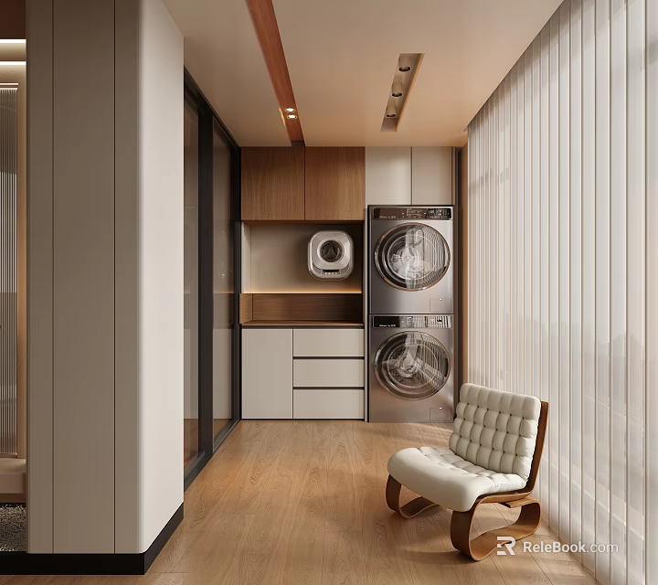 Modern Home Balcony With Stacked Washing Machines Storage Cabinets Wooden Floor And Accent Chair Curtains 3d model 