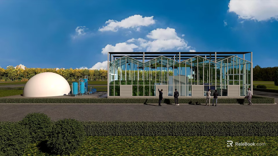 Industrial Factory Building with Glass Facade in Green Outdoor Area Under Blue Sky and Clouds 3d model 