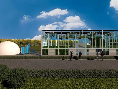 Industrial Factory Building with Glass Facade in Green Outdoor Area Under Blue Sky and Clouds 3d model