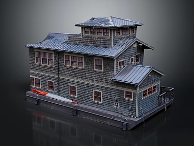 Cartoon Scene Featuring Wooden House With Gray Roof Multiple Windows And Small Red Boat 3d model