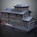 Cartoon Scene Featuring Wooden House With Gray Roof Multiple Windows And Small Red Boat