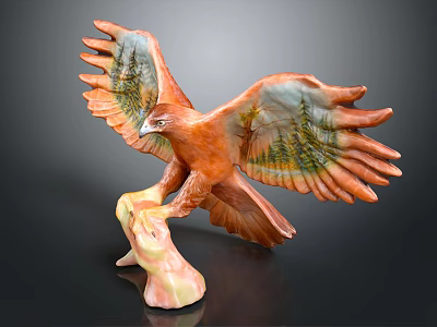 Handcrafted Eagle Sculpture with Spread Wings Tree Stump Base and Orange Green Wood Grain Texture 3d model