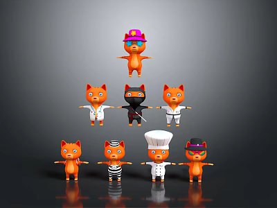 Colorful Orange Cat Dolls In Various Costumes With Different Hats Arranged In Pyramid 3d model