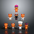 Colorful Orange Cat Dolls In Various Costumes With Different Hats Arranged In Pyramid