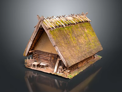 Traditional Log Cabin With Moss Covered Thatch Roof Log Walls Small Chairs And Tools 3d model