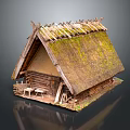 Traditional Log Cabin With Moss Covered Thatch Roof Log Walls Small Chairs And Tools