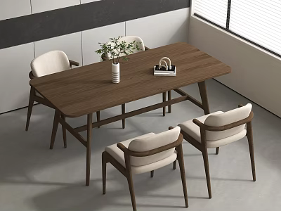 Modern Wooden Dining Table Set with Beige Chairs Decorative Vase in Sunlit Room 3d model