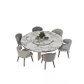Elegant Round Marble Dining Table Set With Gray Chairs And Flower Decorations 3d model