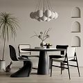 Modern Dining Table Set With Chairs White Spherical Pendant Light Arched Shelves And Plants