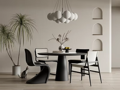Modern Dining Table Set With Chairs White Spherical Pendant Light Arched Shelves And Plants 3d model