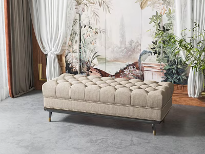 Elegant Tufted Beige Bench With Metal Legs In Floral Mural Room With Curtains And Plants 3d model