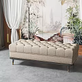 Elegant Tufted Beige Bench With Metal Legs In Floral Mural Room With Curtains And Plants