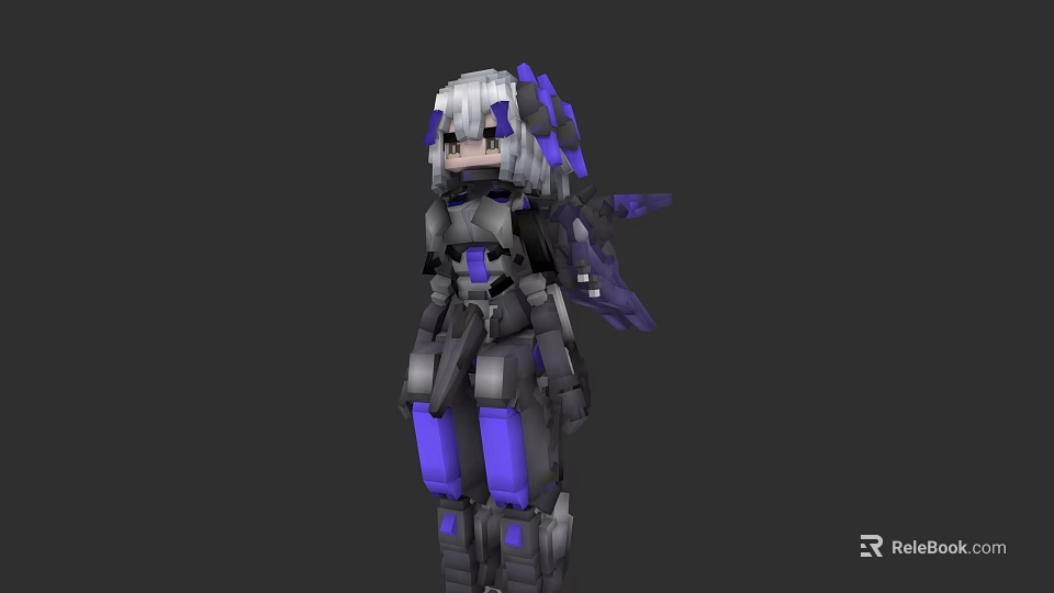 Woman in Gray and Purple Mechanical Armor with Cybernetic Wings and Detailed Design 3d model 