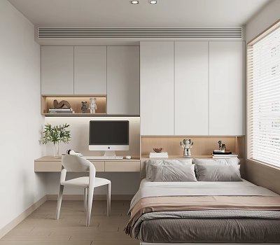 Modern Tatami Bedroom Interior With Desk Chair Computer Plant Cabinets And Window Blinds 3d model