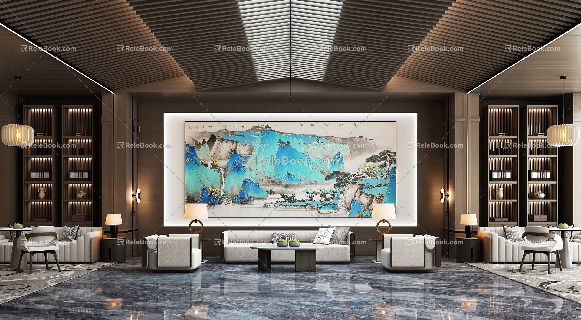 Modern New Chinese Style Sales Department Reception Room Green Landscape Chinese Painting New Chinese Style Sofa Combination Leisure Chair Coffee Table Lamp Wall Lamp Lantern Chandelier Bookcase Book Decoration 3d model