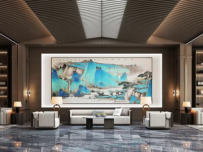 Elegant Sales Office Interior With Large Painting White Sofas Wall Lamps And Bookshelves 3d model